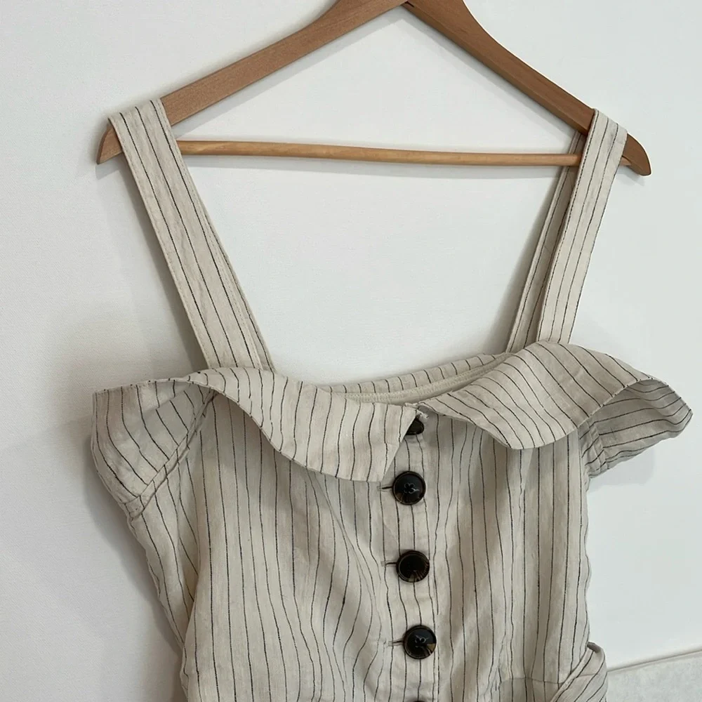 Mango 100% Linen Sleeveless Striped Button Front Wide Leg Jumpsuit Size Large